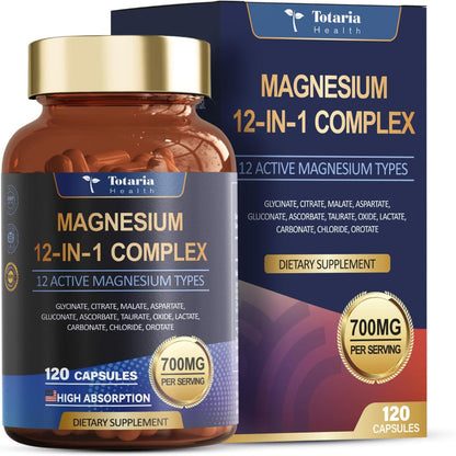 Magnesium Complex 700Mg 12 in 1 Magnesium Supplement with Glycinate Citrate Malate Oxide Taurate Aspartate Orotate Magnesium Relaxation,Muscle,Heart Support, Vegan 120 Capsules